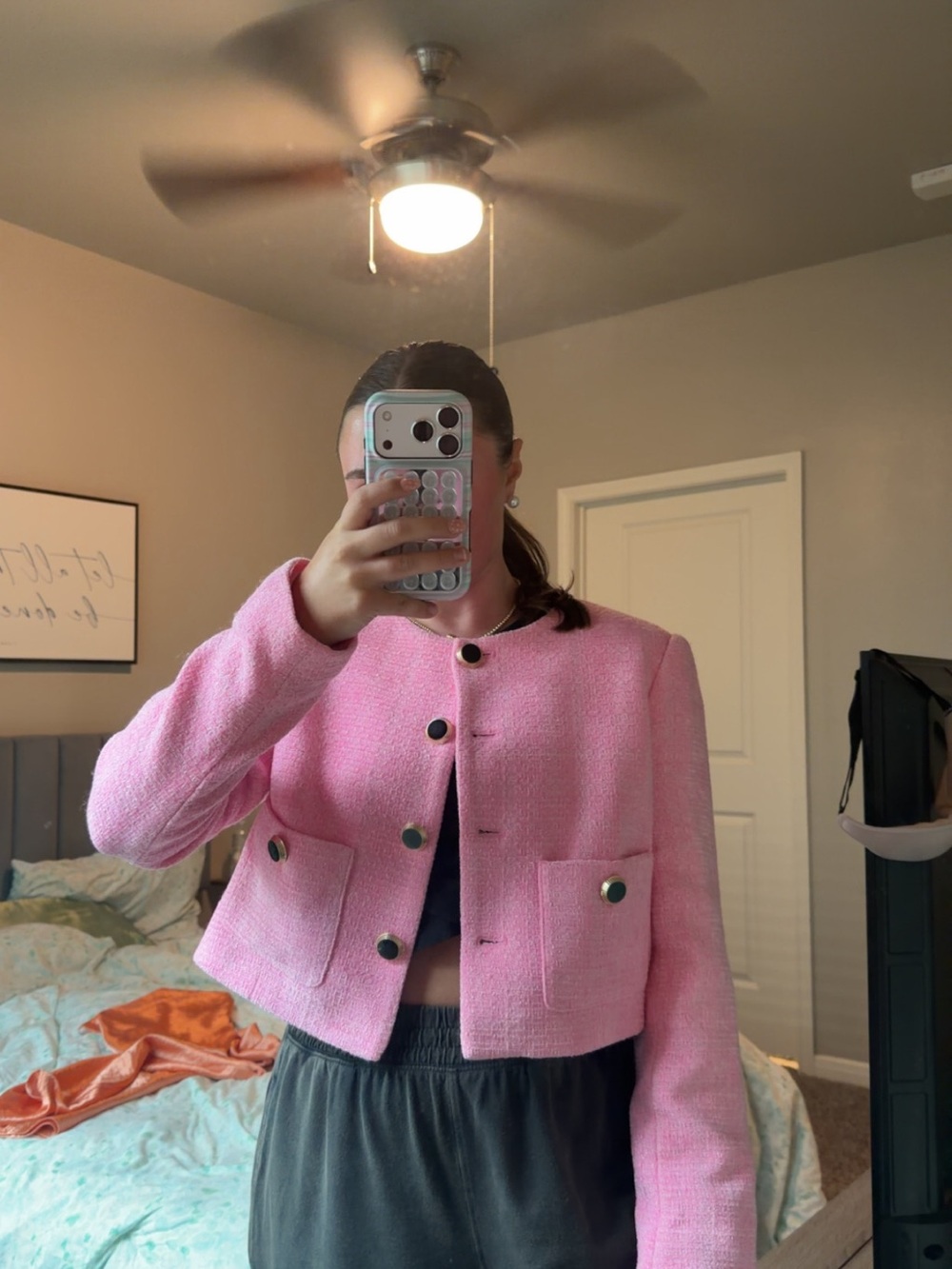 Joie Pink Cropped Bouclé Blazer with Gold-Tone Buttons